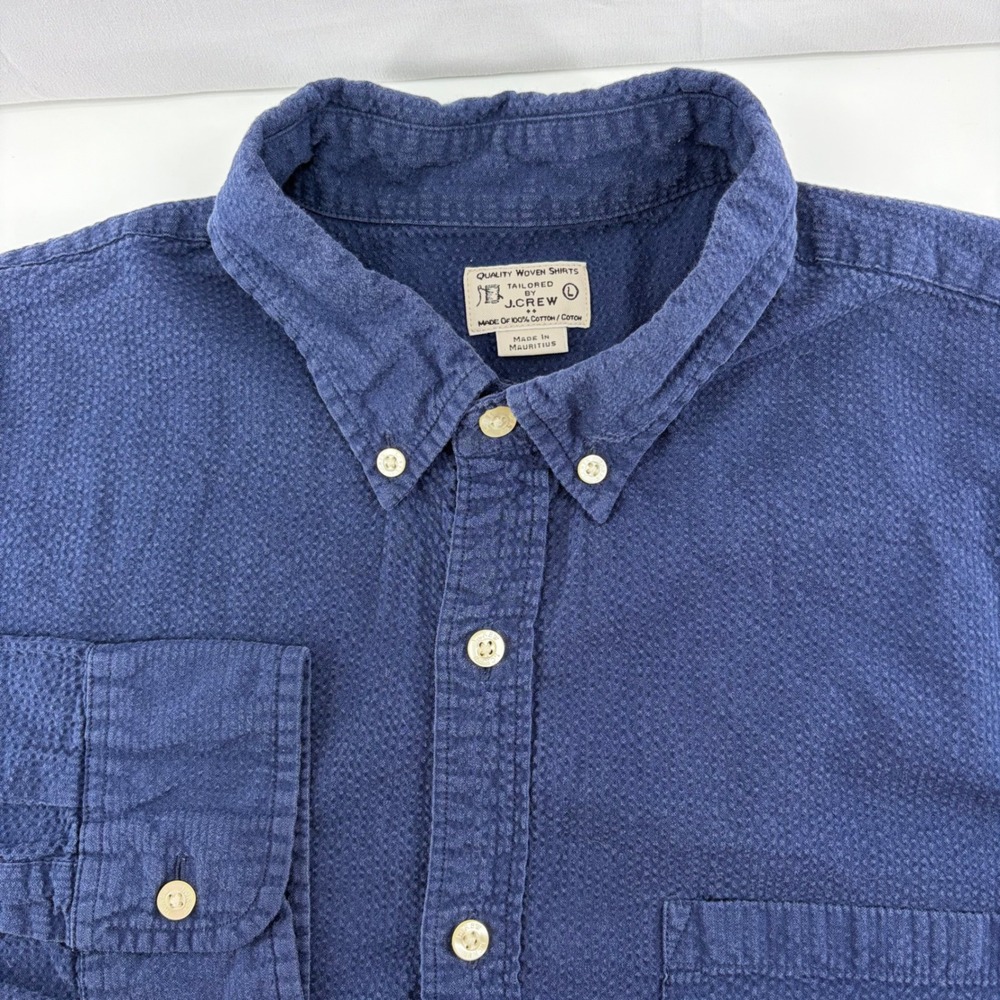 J.Crew Mens Navy Blue Textured Cotton Button Down Shirt Large A0981 Tailored